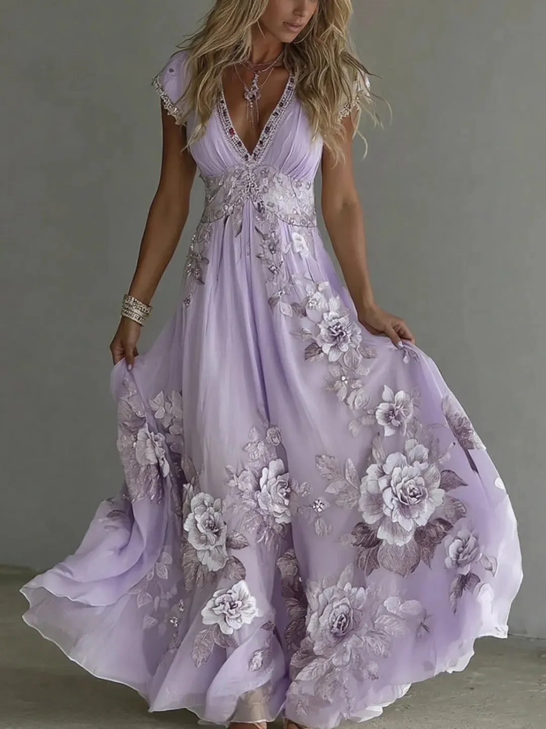 Abito donna lungo in chiffon con pizzo ricamato floreale