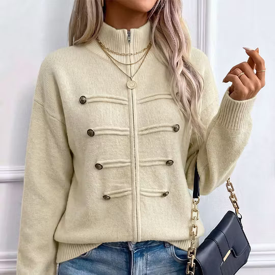 Cardigan donna in maglia con collo alto, zip e bottoni decorativi