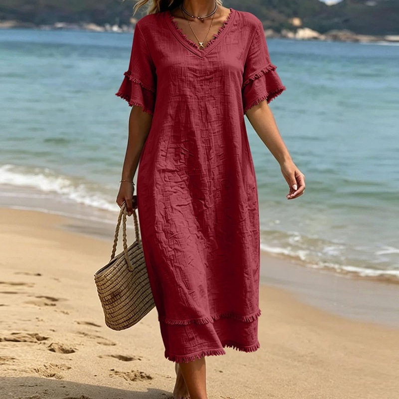 Abito donna bohémien con scollo a V e frange