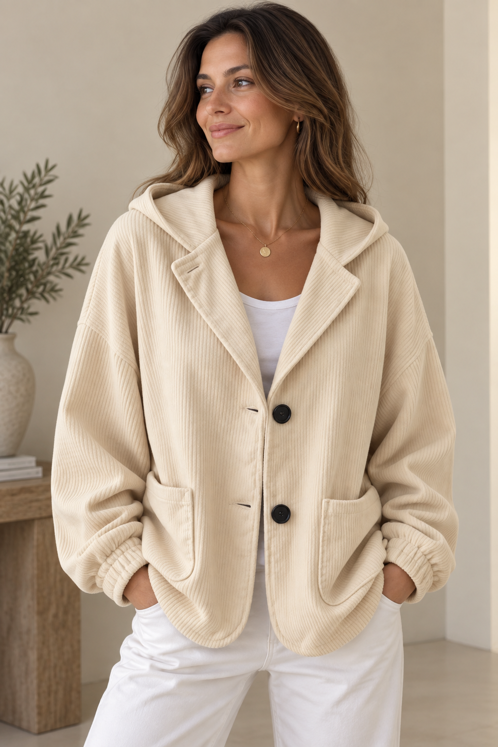 Giacca donna oversize in velluto a coste con cappuccio