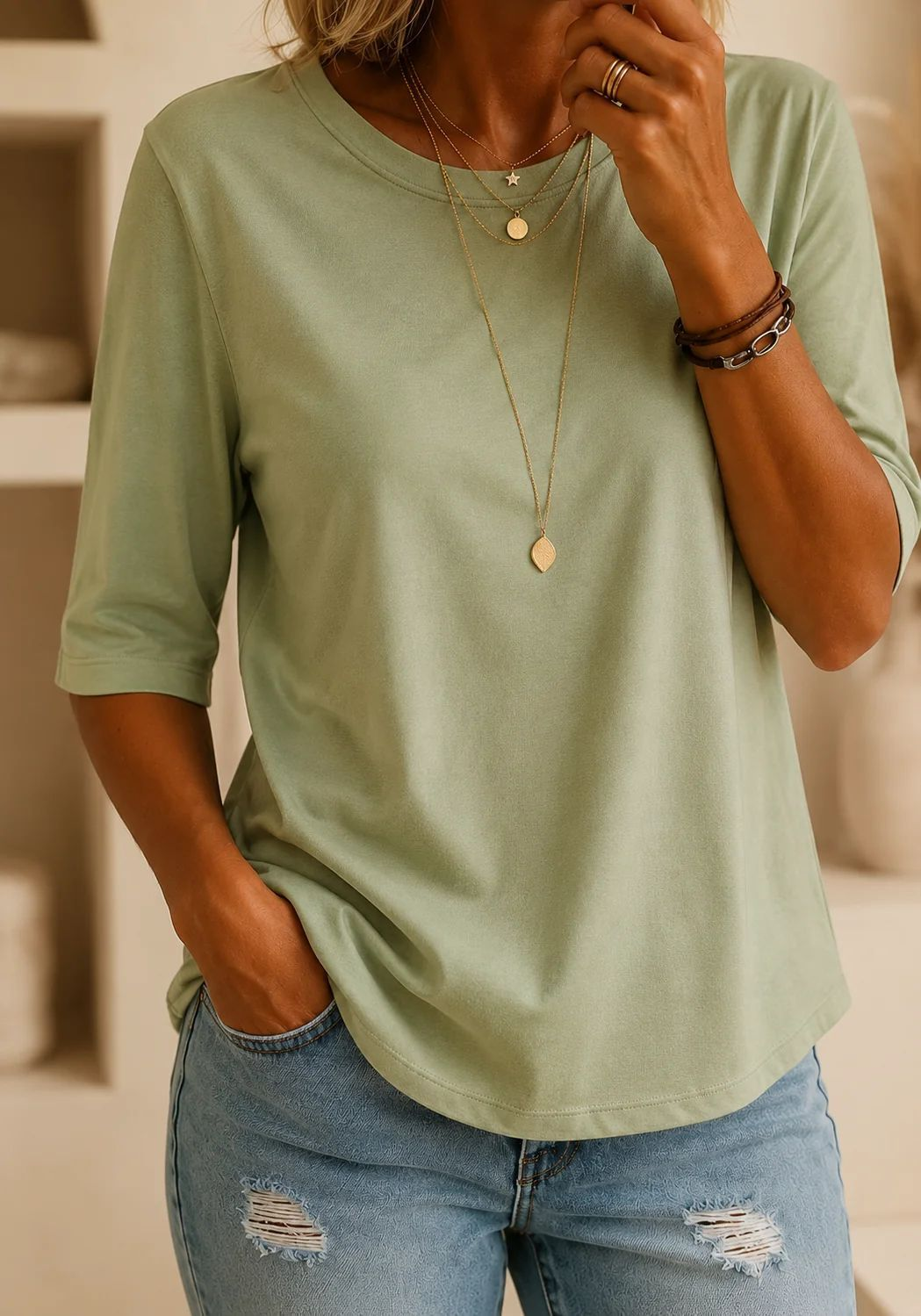 T-shirt da donna in poliestere con maniche a tre quarti