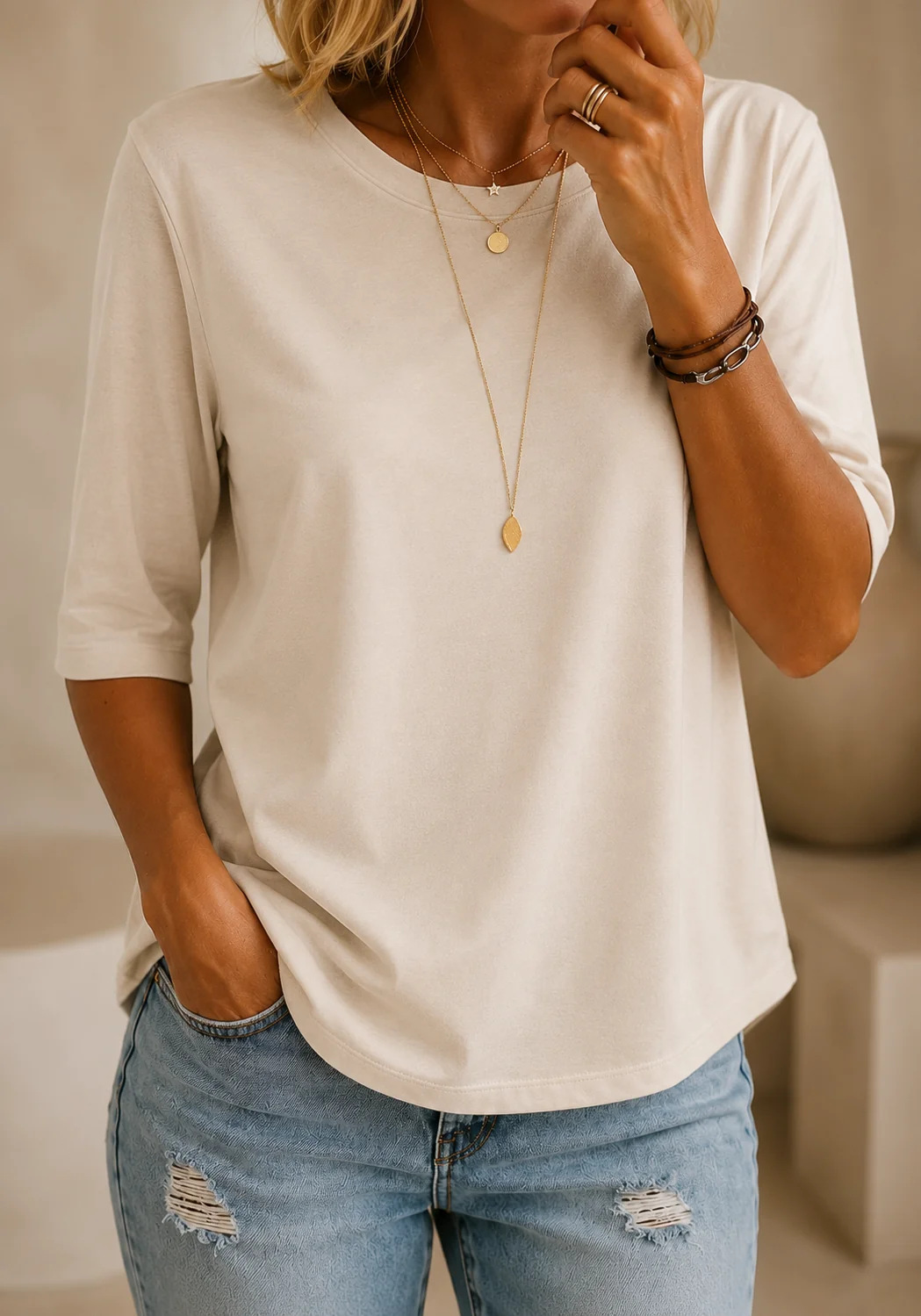 T-shirt da donna in poliestere con maniche a tre quarti