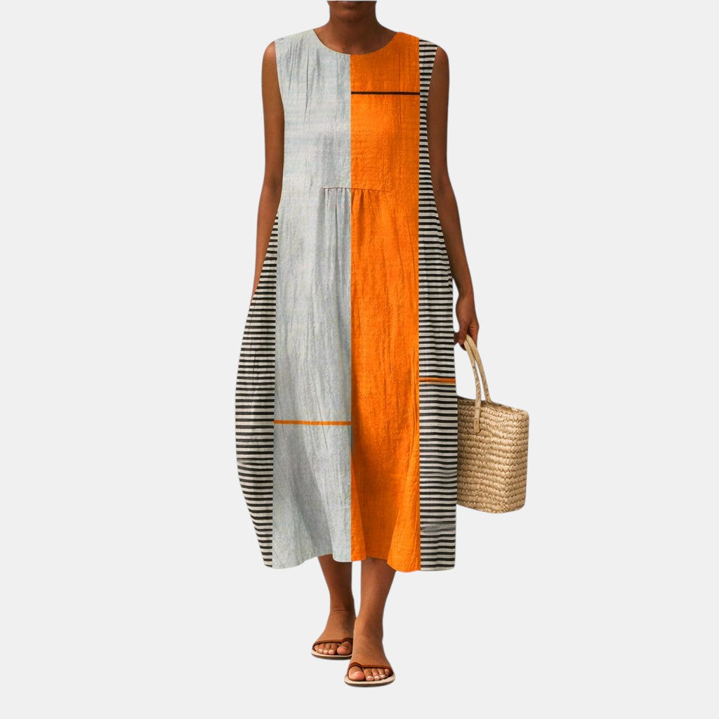 Abito midi donna color block con pannello a righe