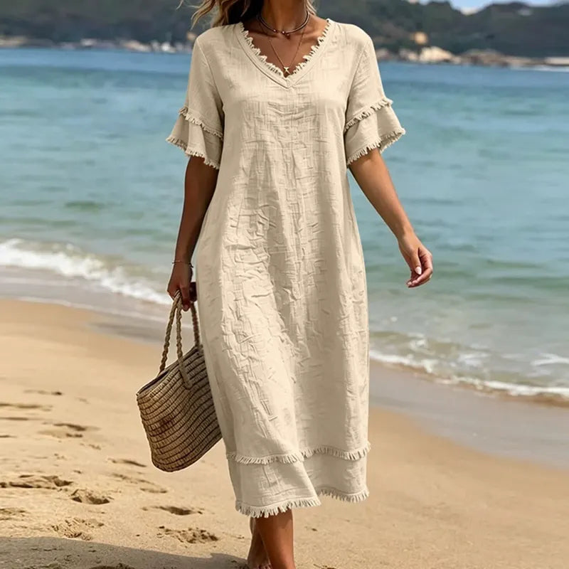 Abito donna bohémien con scollo a V e frange