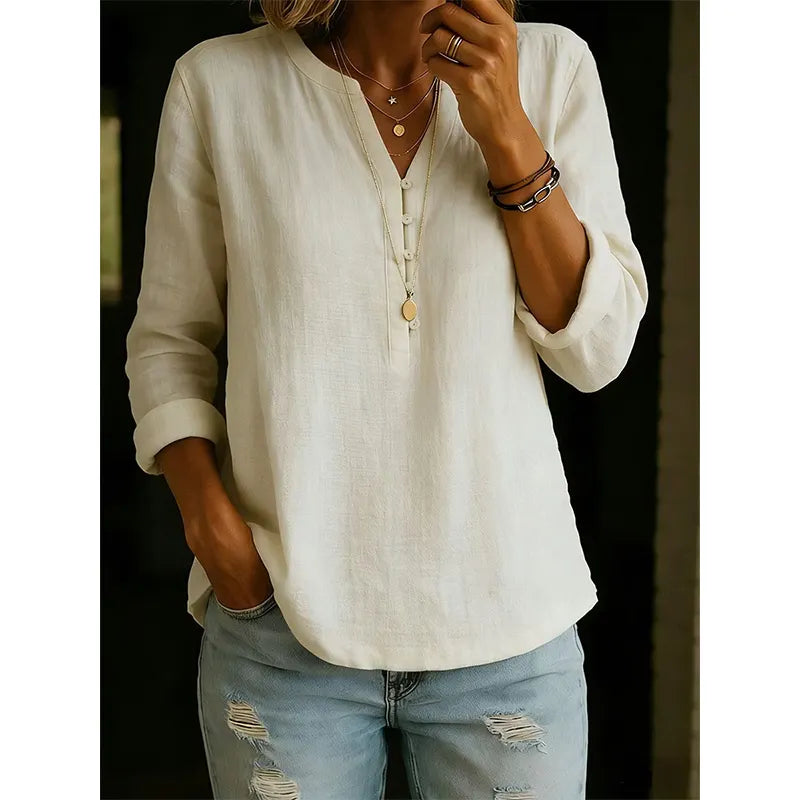 Camicia donna ampia con collo a V e bottoni