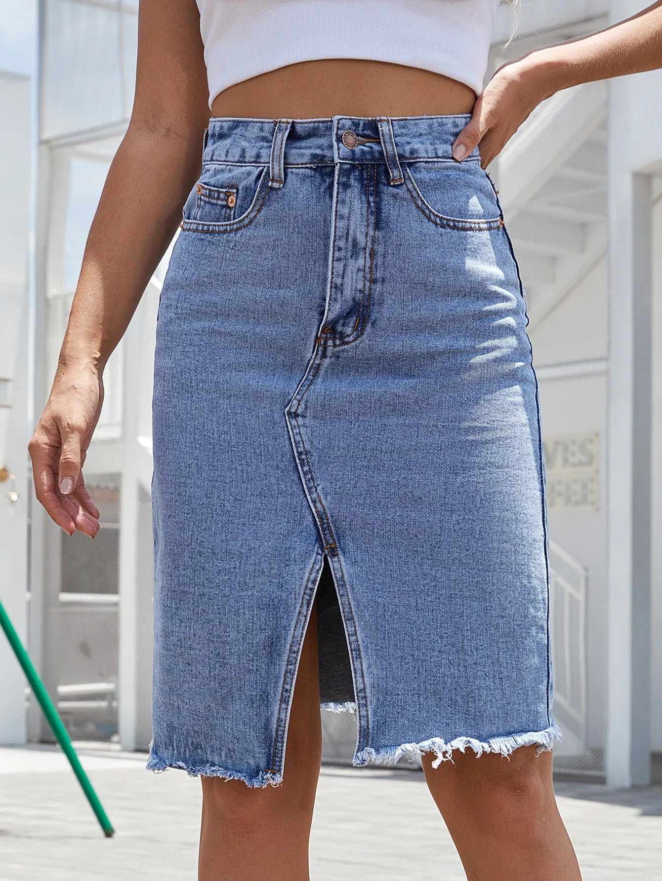 Gonna jeans donna a vita alta con spacco frontale