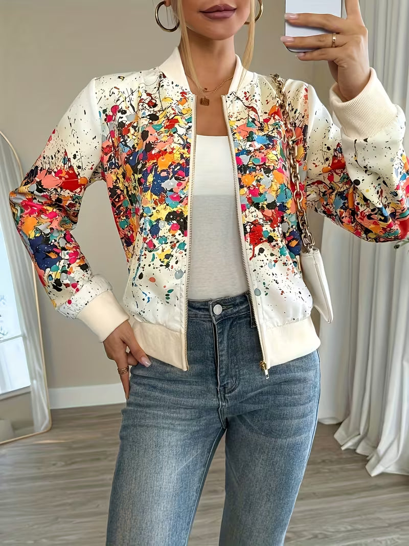 Giacca bomber donna stampata con zip e dettagli a contrasto