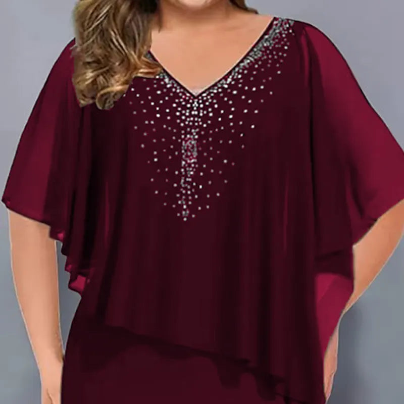 Abito midi donna elegante con strass e mantella in chiffon