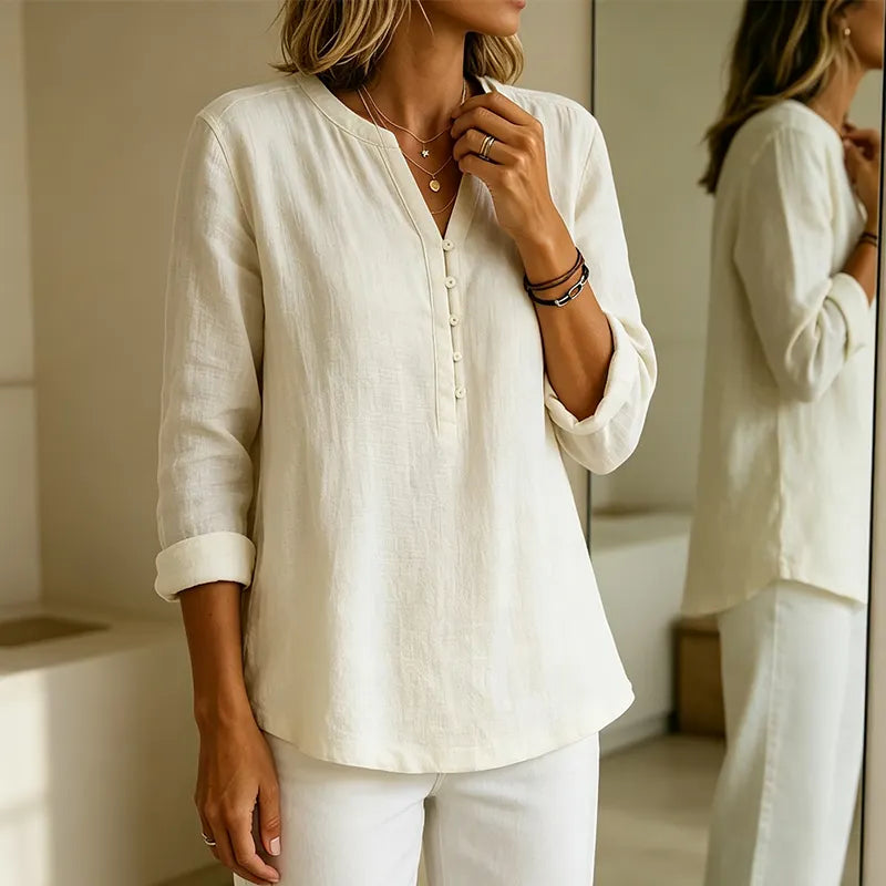 Camicia donna ampia con collo a V e bottoni