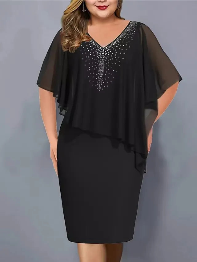 Abito midi donna elegante con strass e mantella in chiffon