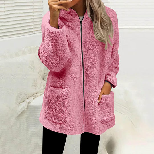 Giacca teddy da donna con zip e tasche applicate
