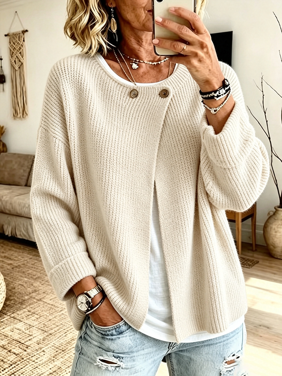 Cardigan donna asimmetrico in maglia a coste con bottoni