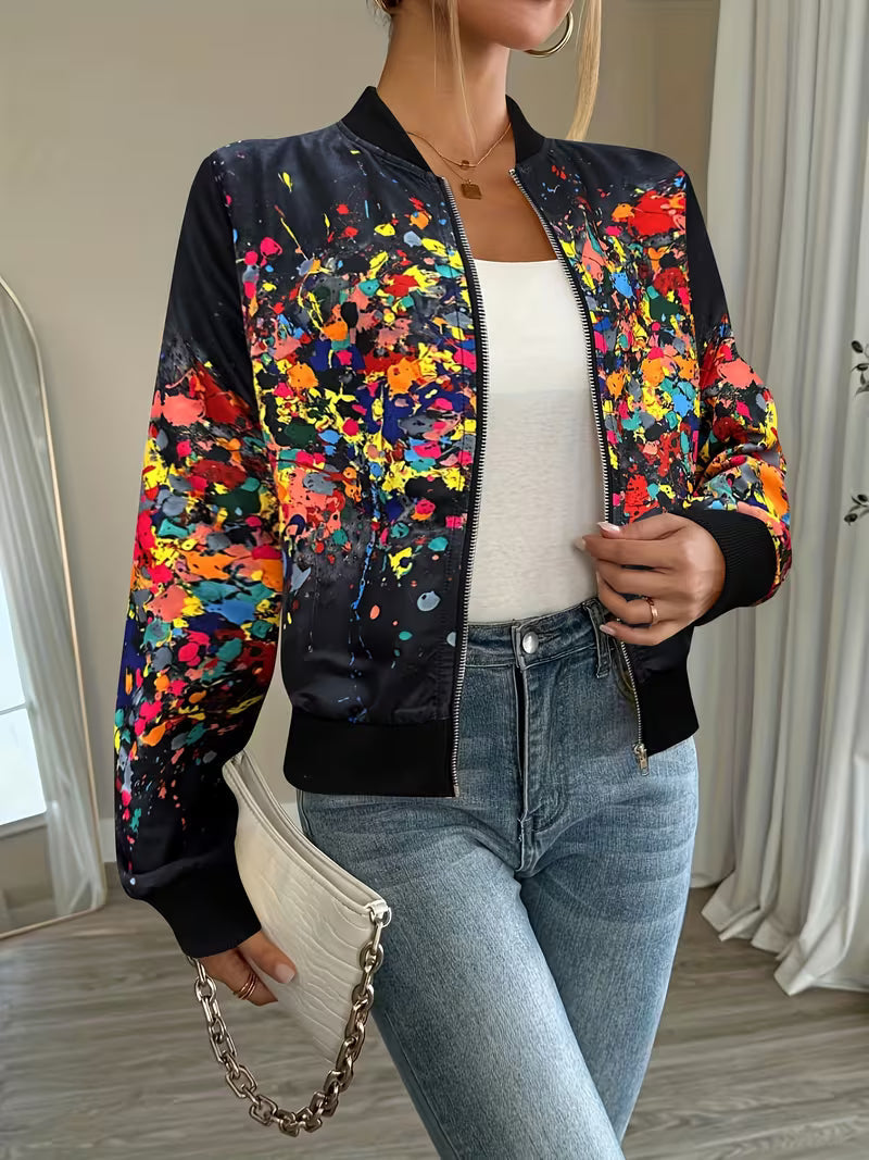 Giacca bomber donna stampata con zip e dettagli a contrasto
