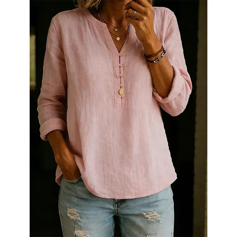 Camicia donna ampia con collo a V e bottoni
