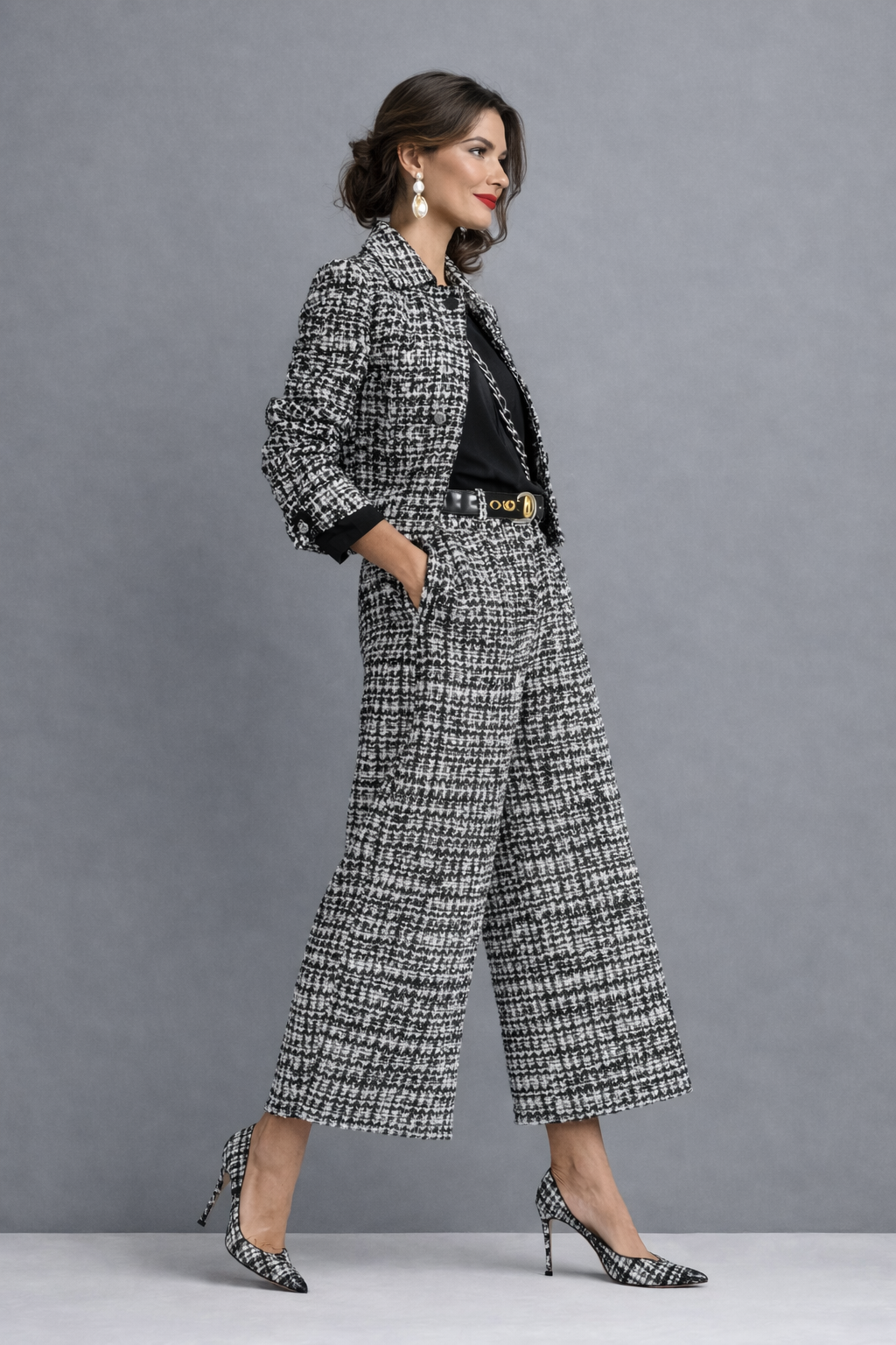 Completo donna in tweed con giacca corta e pantaloni larghi