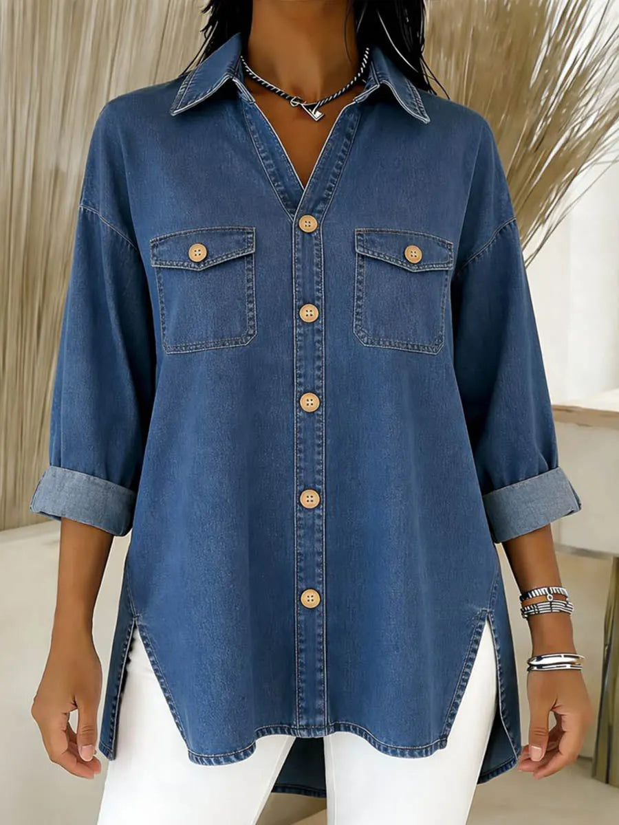 Camicia lunga donna in denim con tasche e taglio ampio