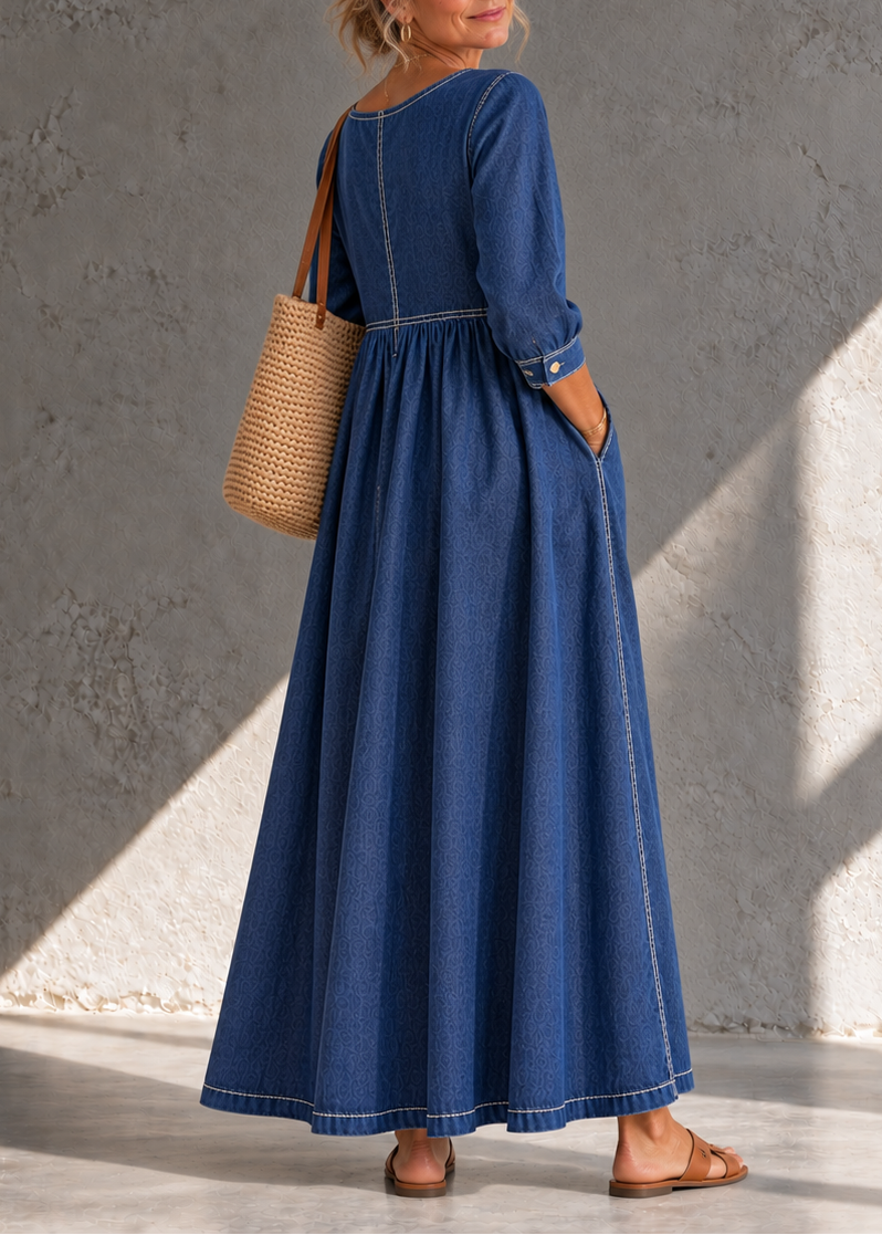 Abito lungo donna effetto denim con cuciture a contrasto e tasche