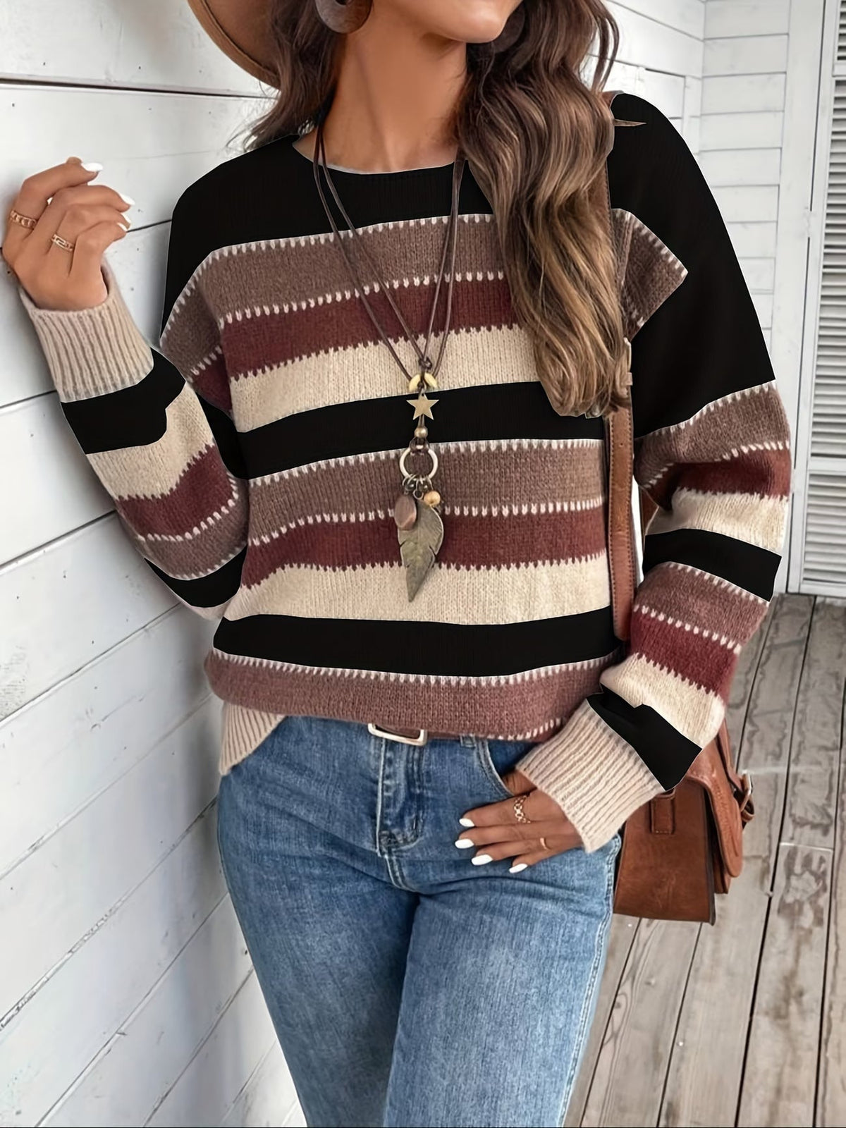 Maglione donna a righe colorblock con girocollo e maniche lunghe