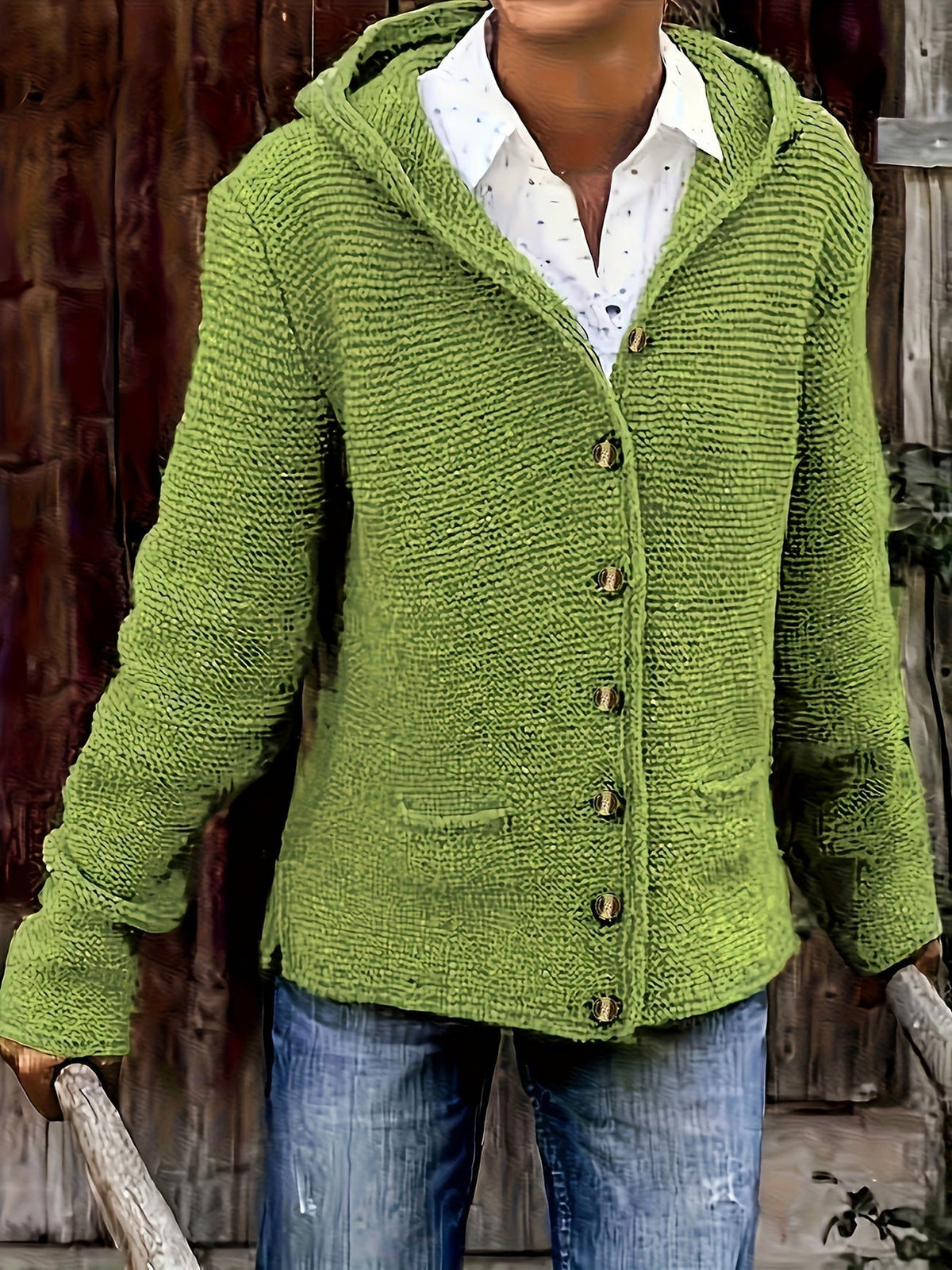 Cardigan donna in maglia spessa con cappuccio e bottoni