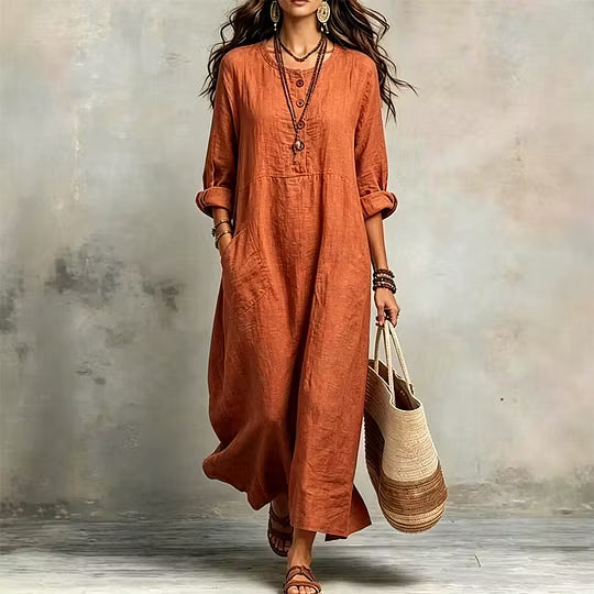Abito maxi donna fluido con bottoni frontali e tasche