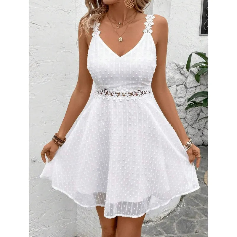 Abito mini donna plumetis con spalline in pizzo