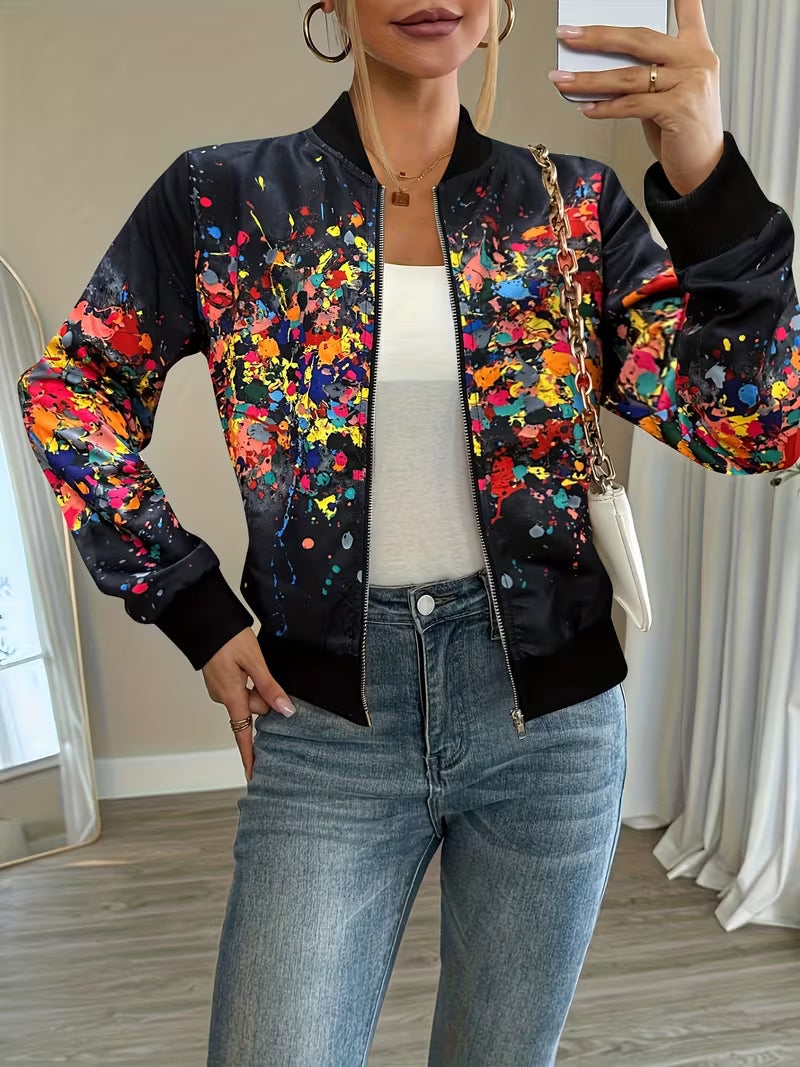 Giacca bomber donna stampata con zip e dettagli a contrasto