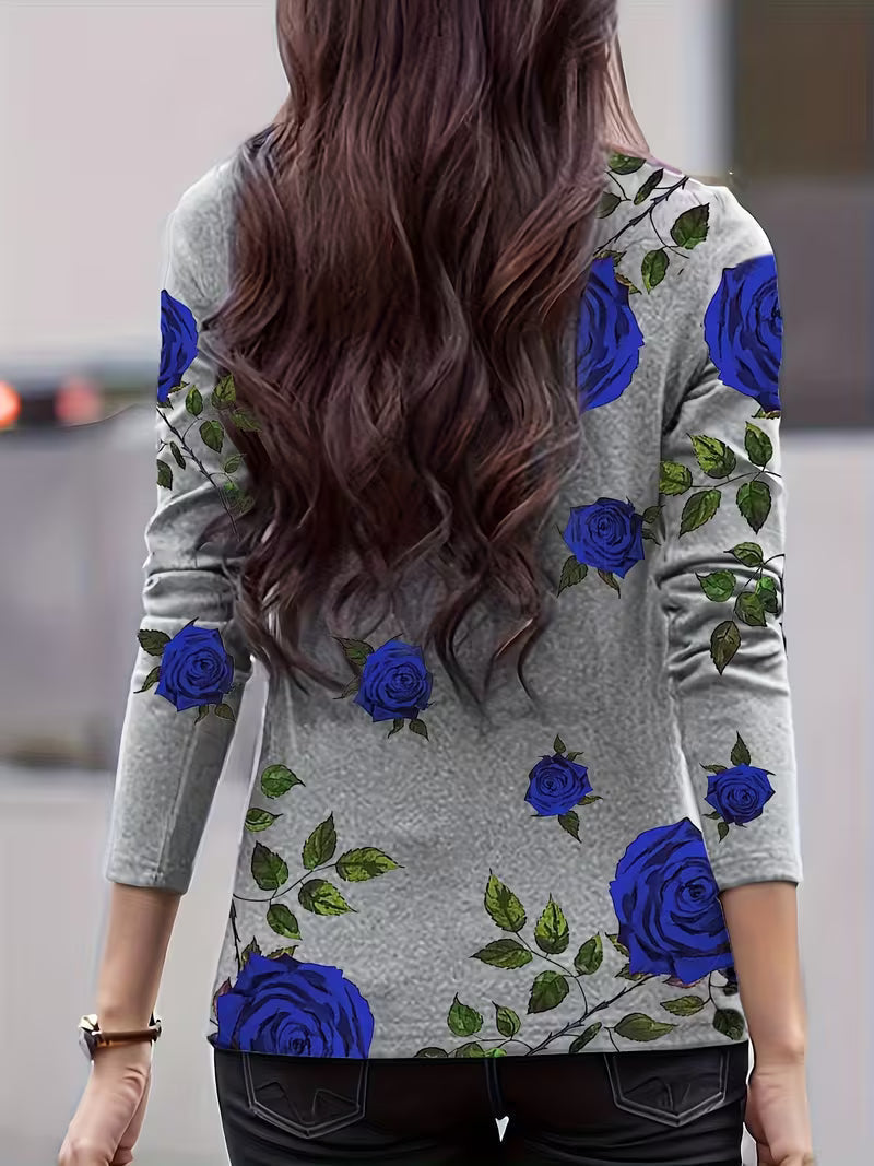 Top donna floreale in lana con collo alto e maniche tre quarti