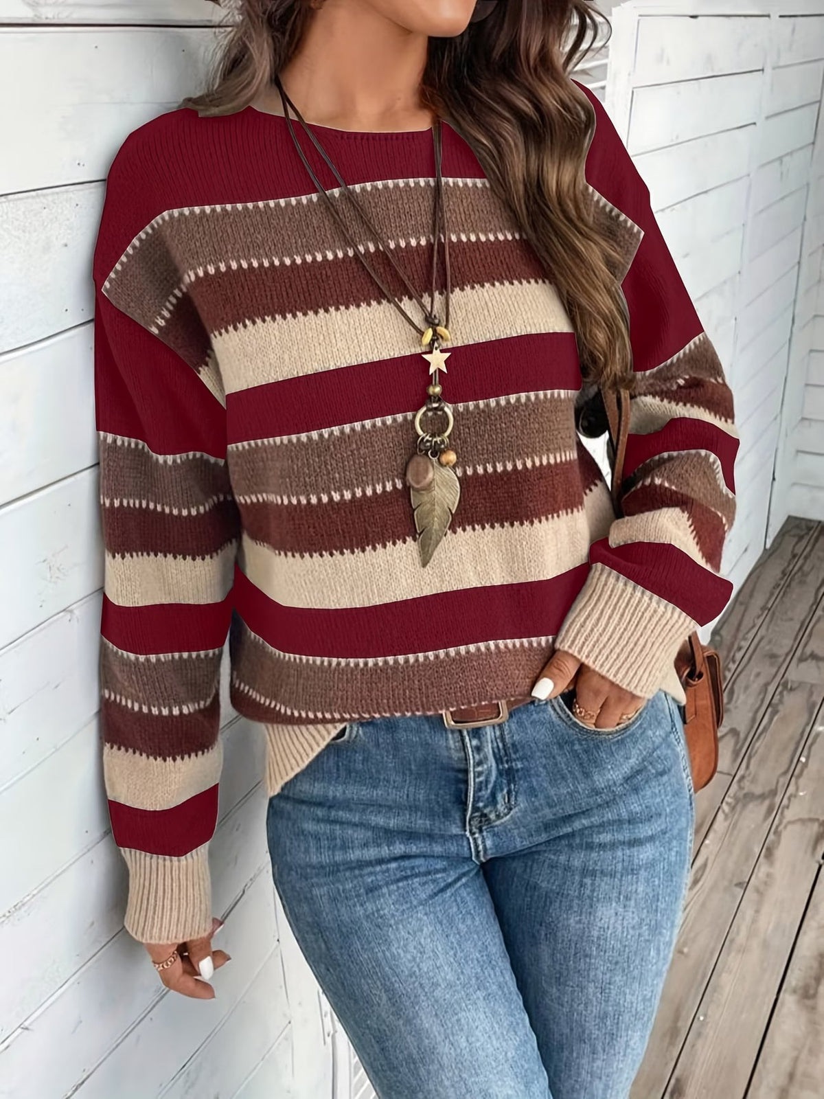 Maglione donna a righe colorblock con girocollo e maniche lunghe