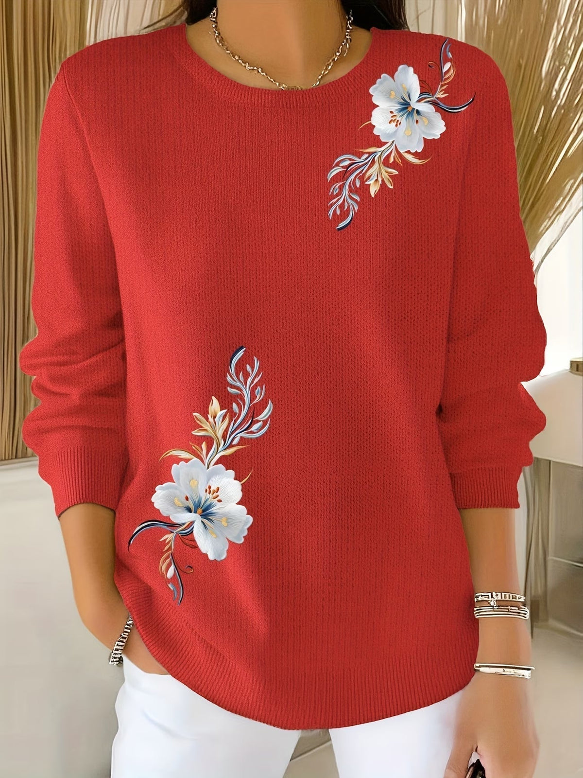 Maglione donna floreale in maglia morbida con collo rotondo