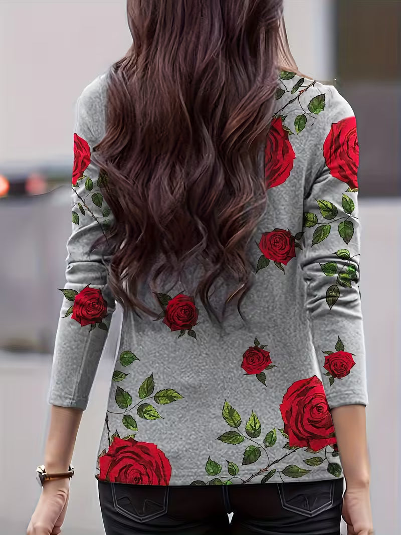 Top donna floreale in lana con collo alto e maniche tre quarti