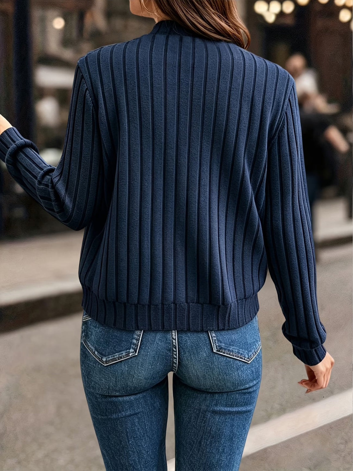 Cardigan donna a coste con zip frontale e maniche lunghe