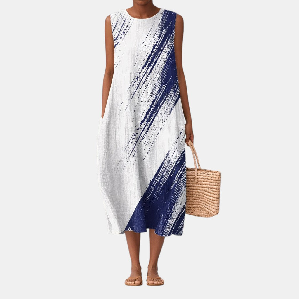 Abito midi donna in cotone viscosa con stampa astratta blu