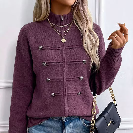 Cardigan donna in maglia con collo alto, zip e bottoni decorativi