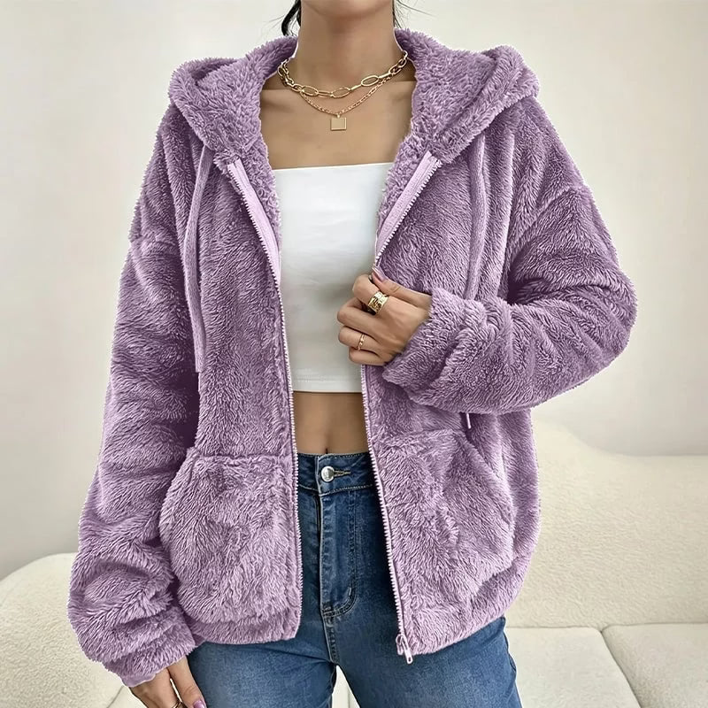 Giacca donna effetto teddy con cappuccio e zip frontale