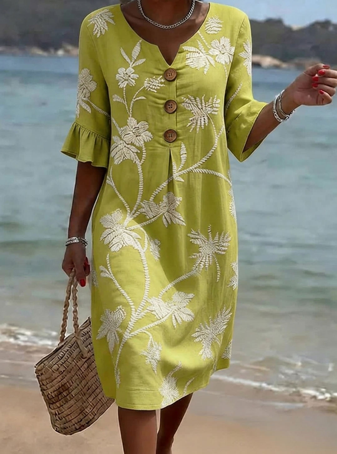 Abito donna in cotone floreale con maniche 3/4