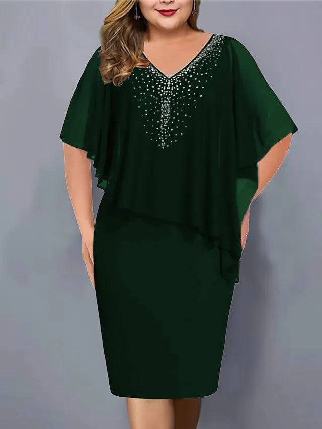 Abito midi donna elegante con strass e mantella in chiffon