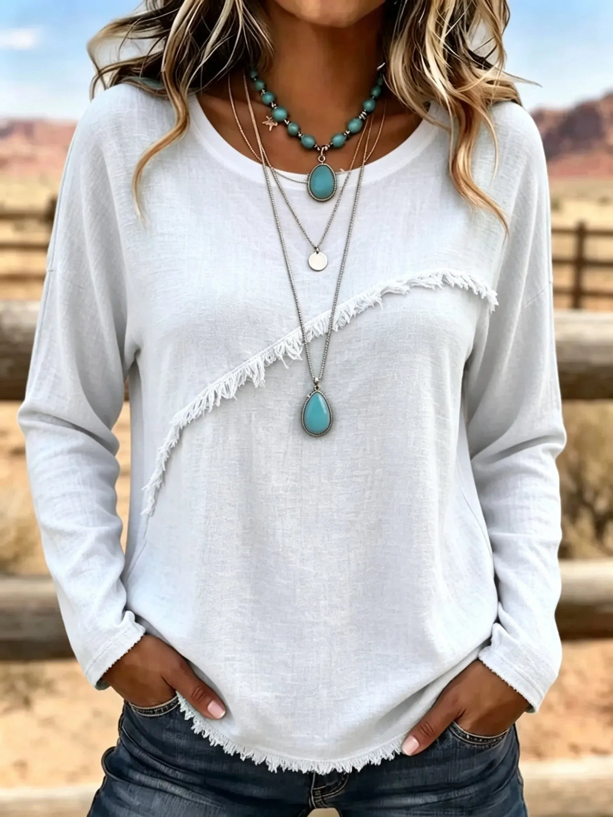 Blusa donna bohémien con frange e collo rotondo