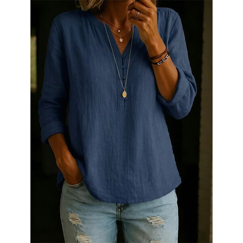 Camicia donna ampia con collo a V e bottoni