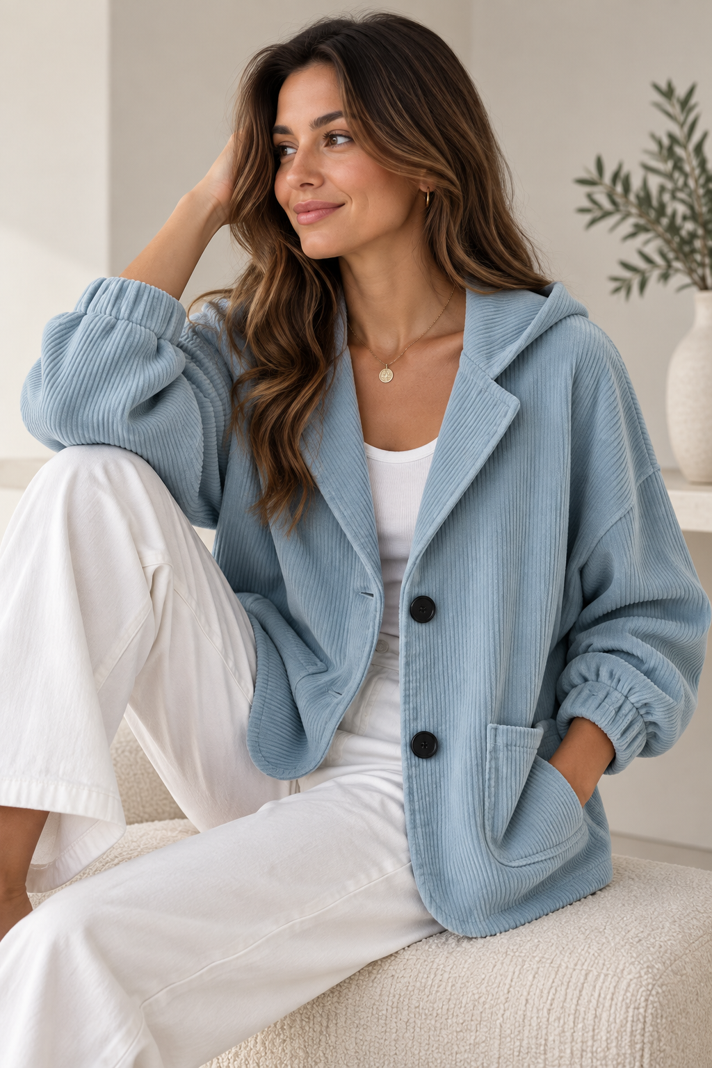 Giacca donna oversize in velluto a coste con cappuccio