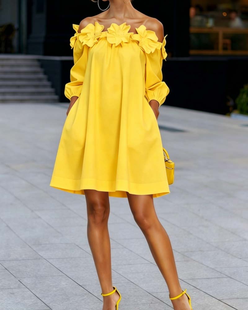 Abito donna spalle scoperte con fiori 3D