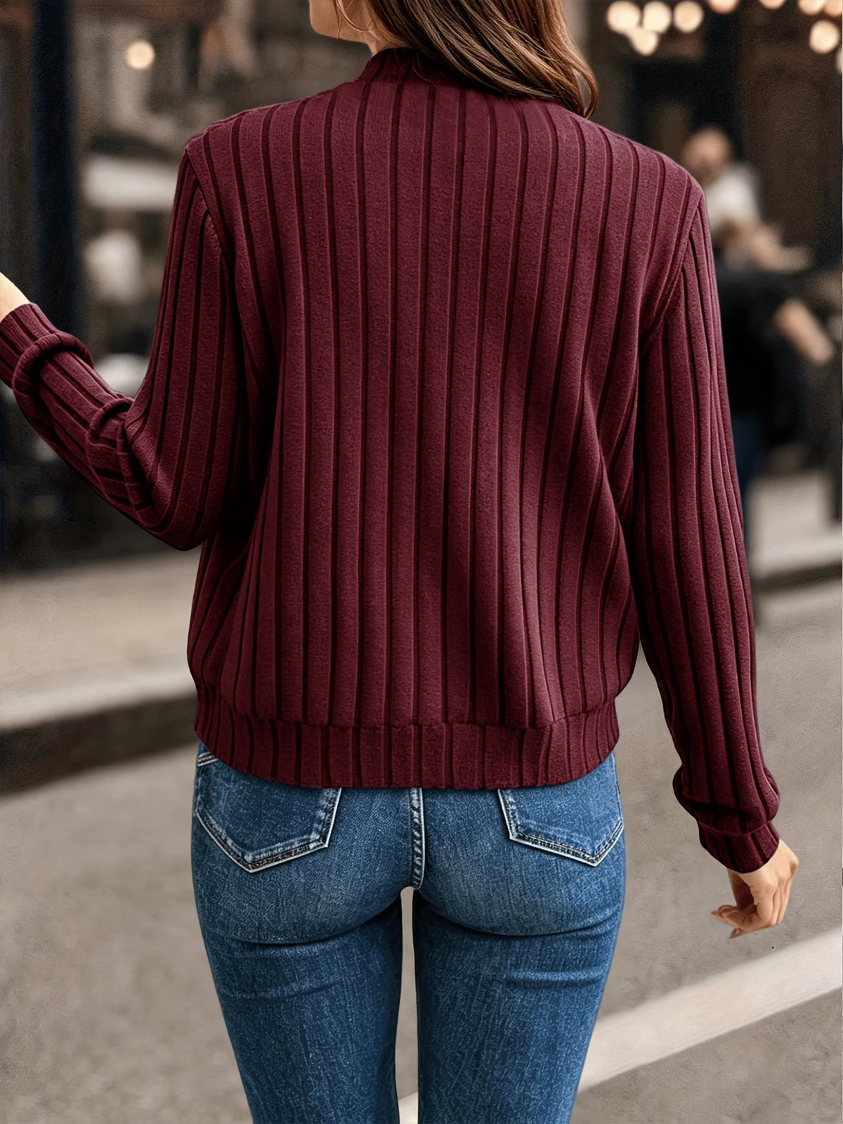 Cardigan donna a coste con zip frontale e maniche lunghe