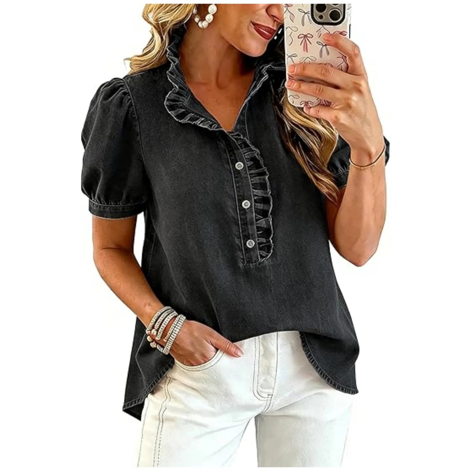 Top donna in denim con volant e maniche a sbuffo