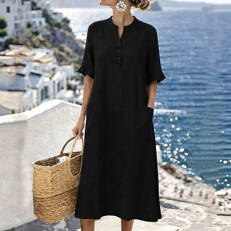 Abito donna midi in cotone lino con bottoni e tasche