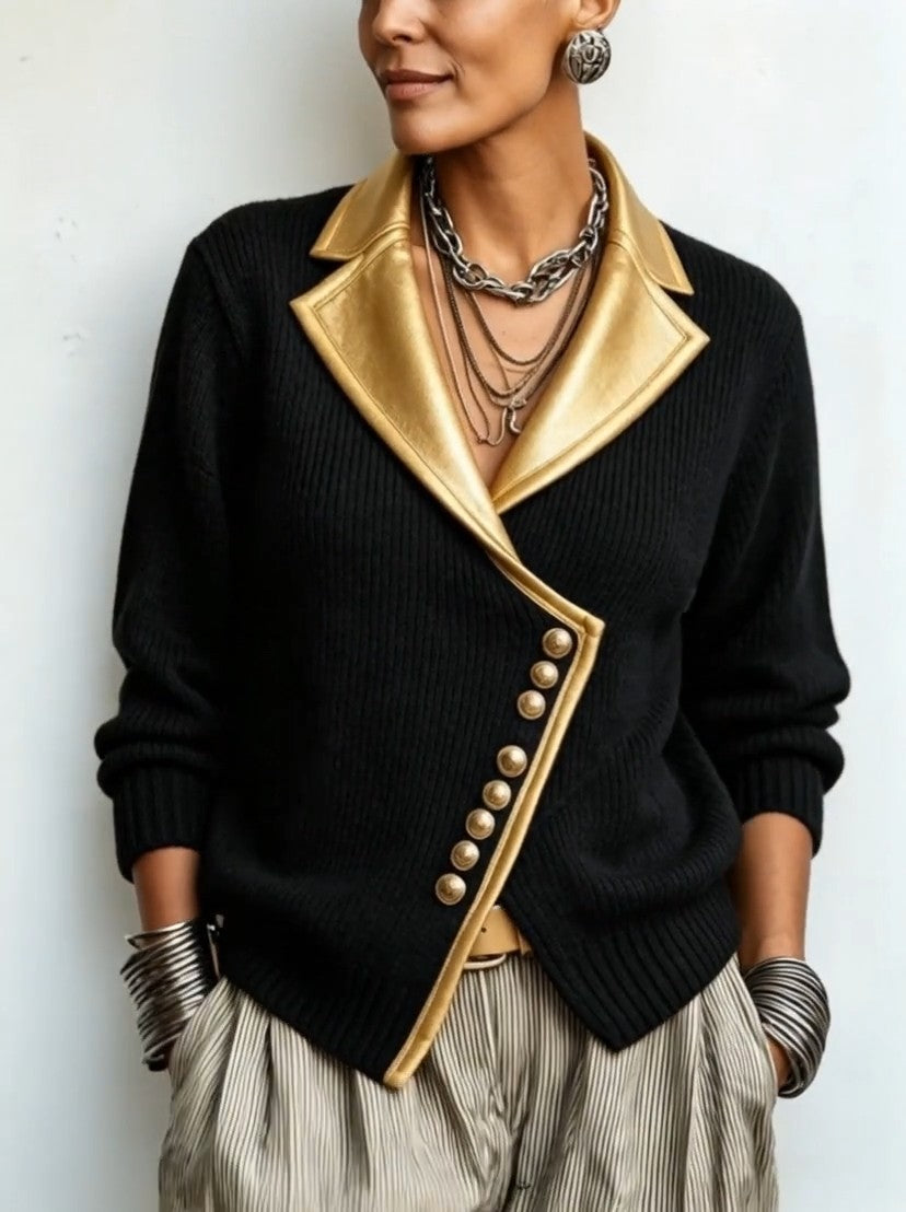Cardigan donna in maglia a coste con dettagli dorati