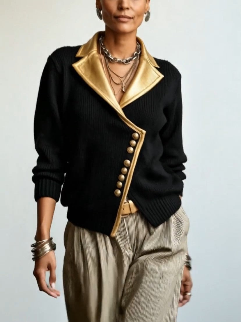 Cardigan donna in maglia a coste con dettagli dorati