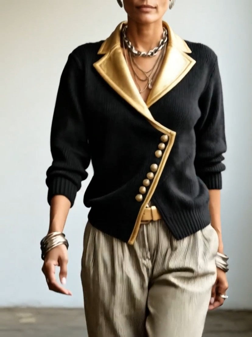 Cardigan donna in maglia a coste con dettagli dorati