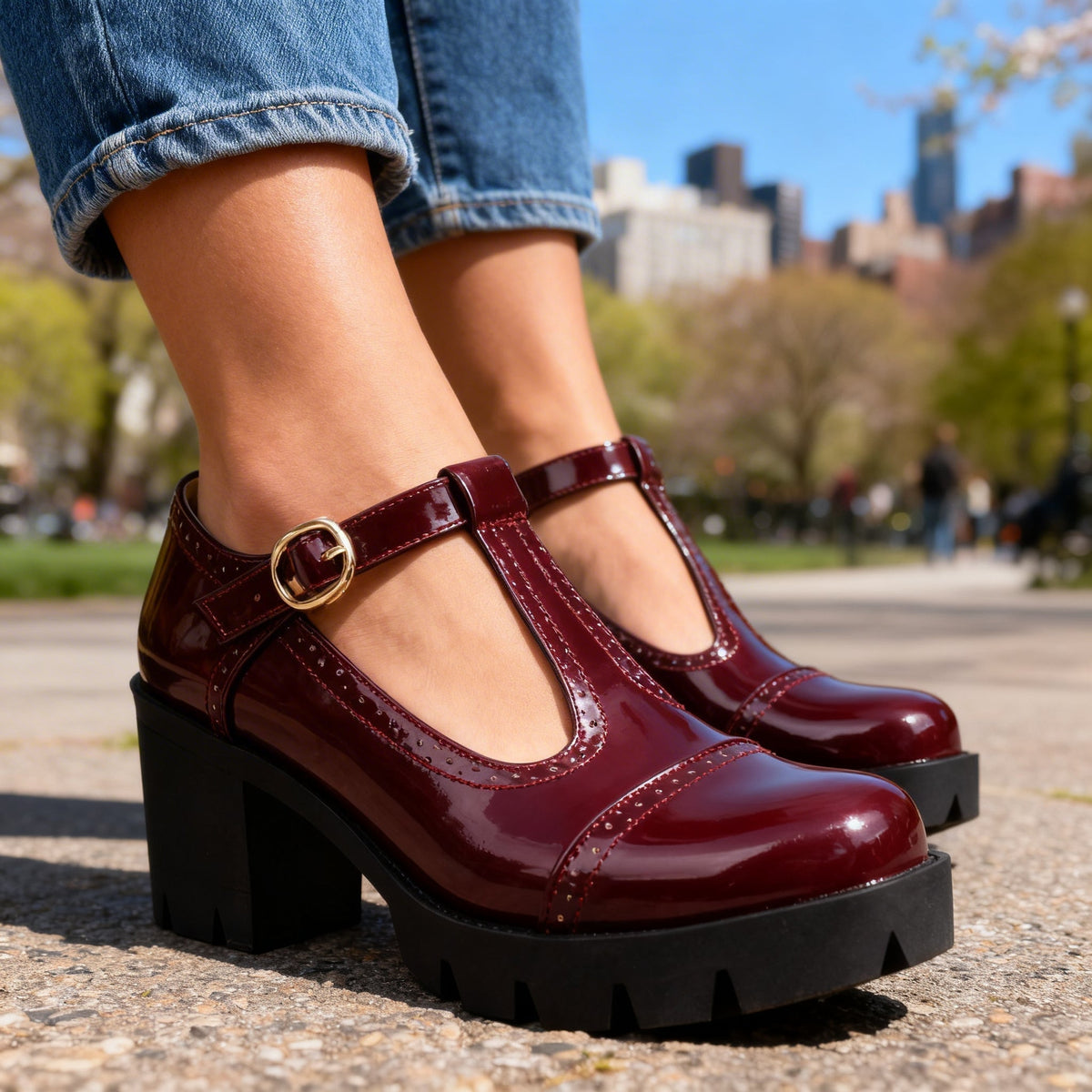 Scarpe Mary Jane donna lucide con tacco a blocco e cinturino a T