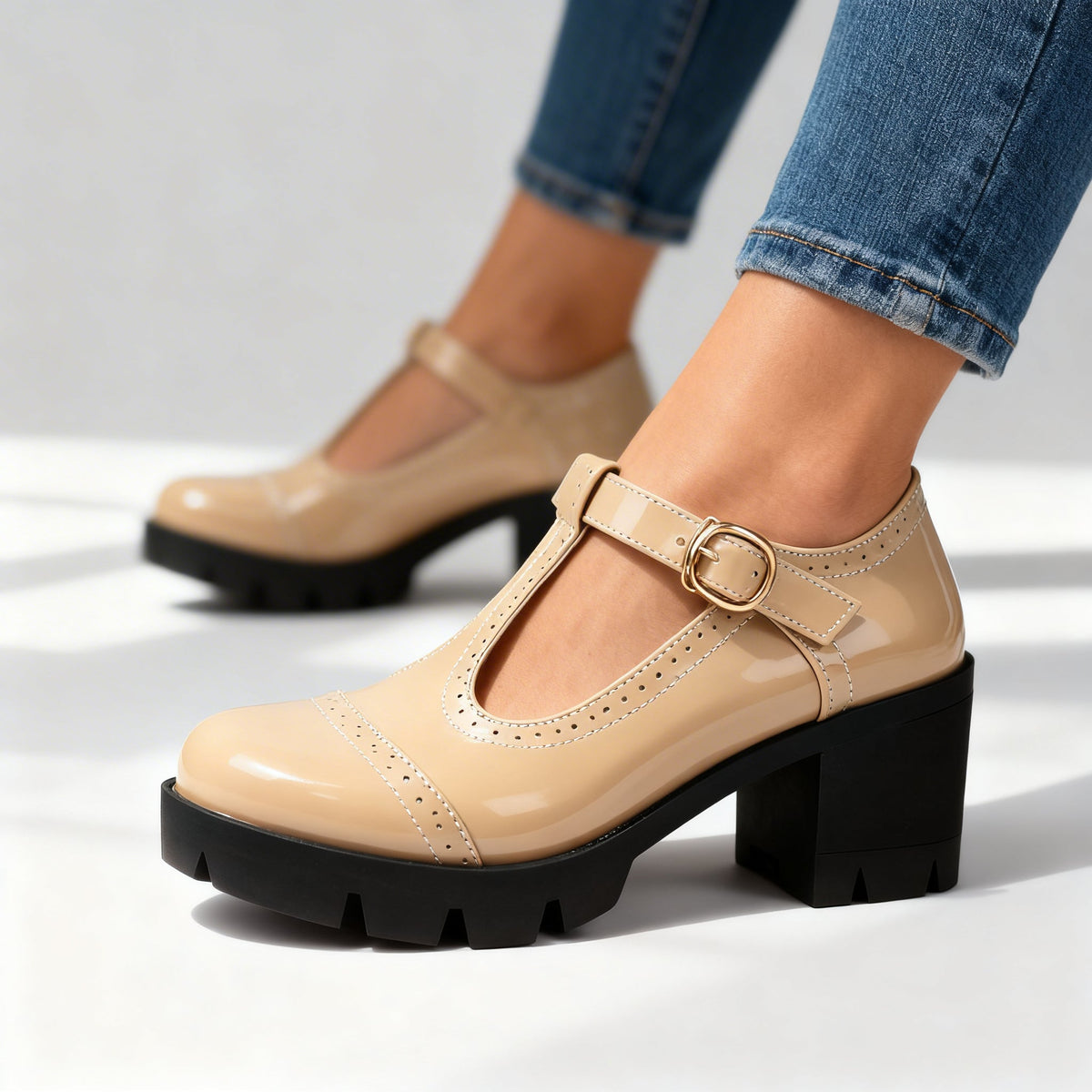 Scarpe Mary Jane donna lucide con tacco a blocco e cinturino a T