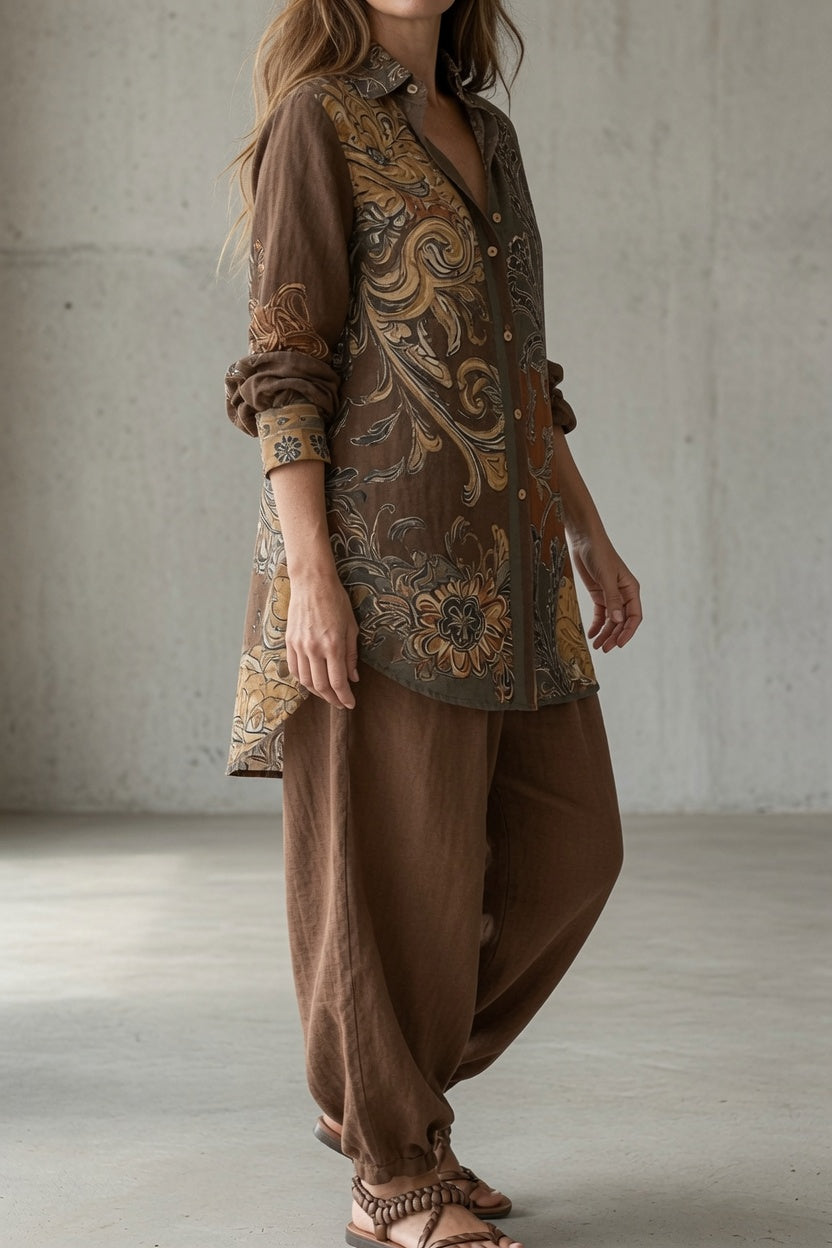 Completo donna vintage con camicia stampata e pantaloni fluidi