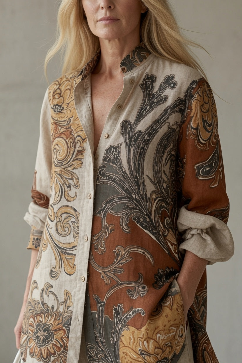 Completo donna vintage con camicia stampata e pantaloni fluidi